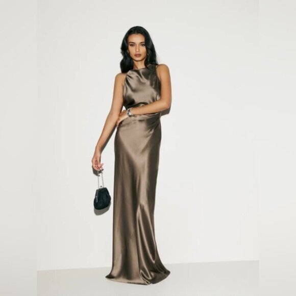 NEW Reformation Anaiis Long Silk Backless Dress Morel Brown | size 4 - Picture 1 of 15